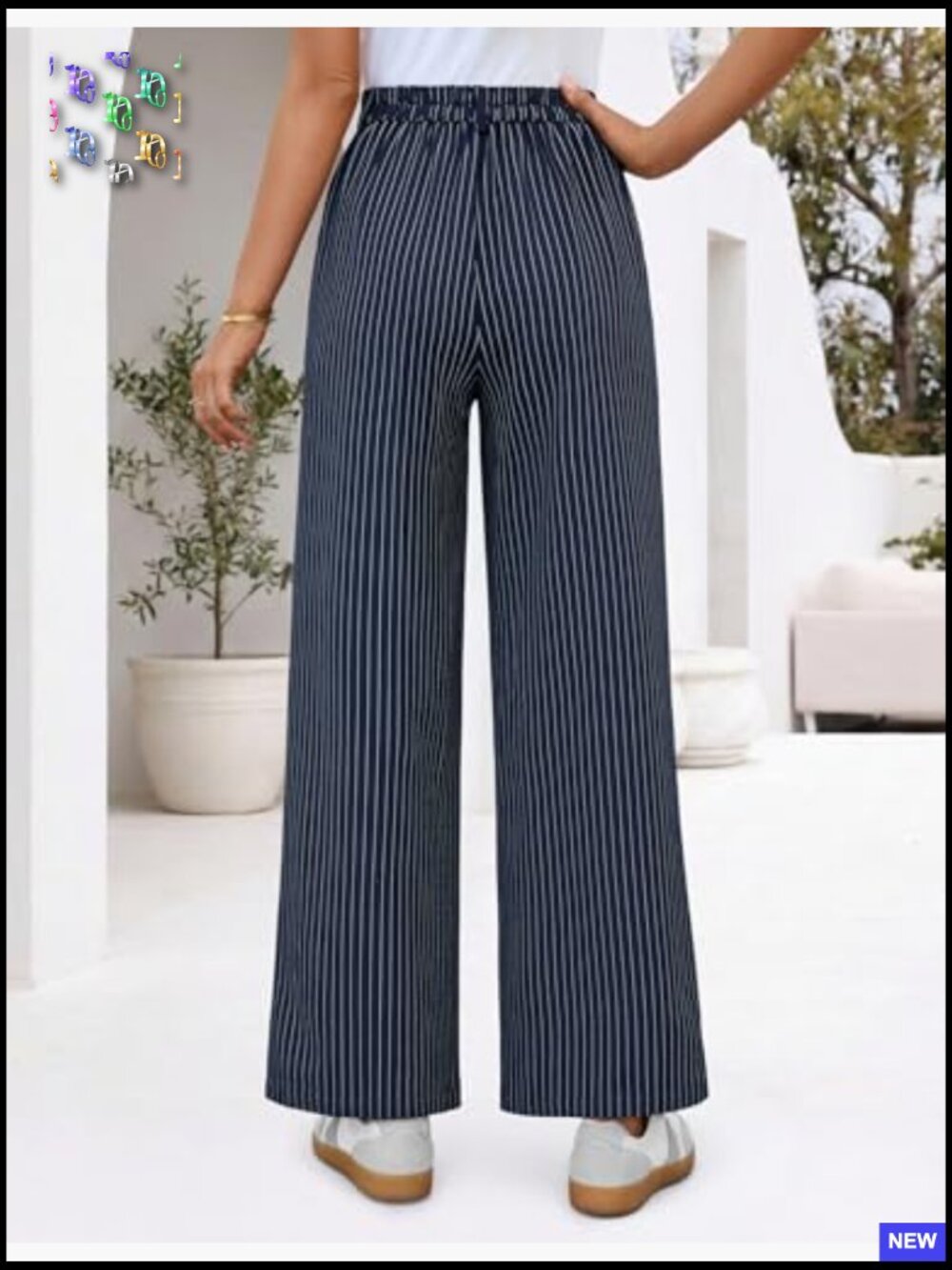 Wide Leg Striped Palazzo Pants High Waist Straight Work Dressy Slacks Trousers - Picture 5 of 7